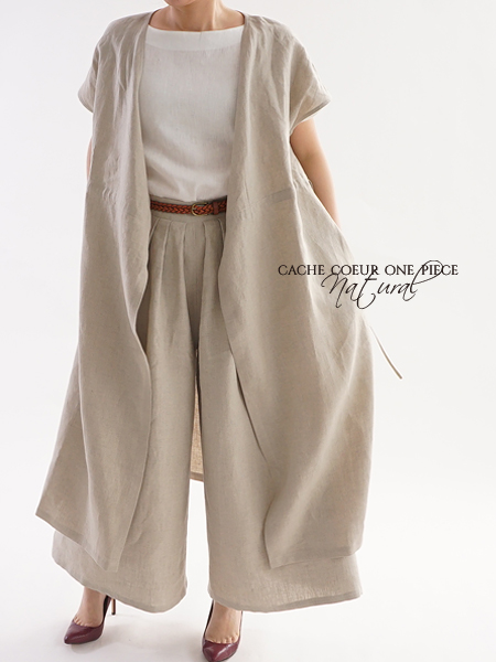 ロング丈 ベルギーリネン フレンチ カシュクールワンピース/亜麻ナチュラル