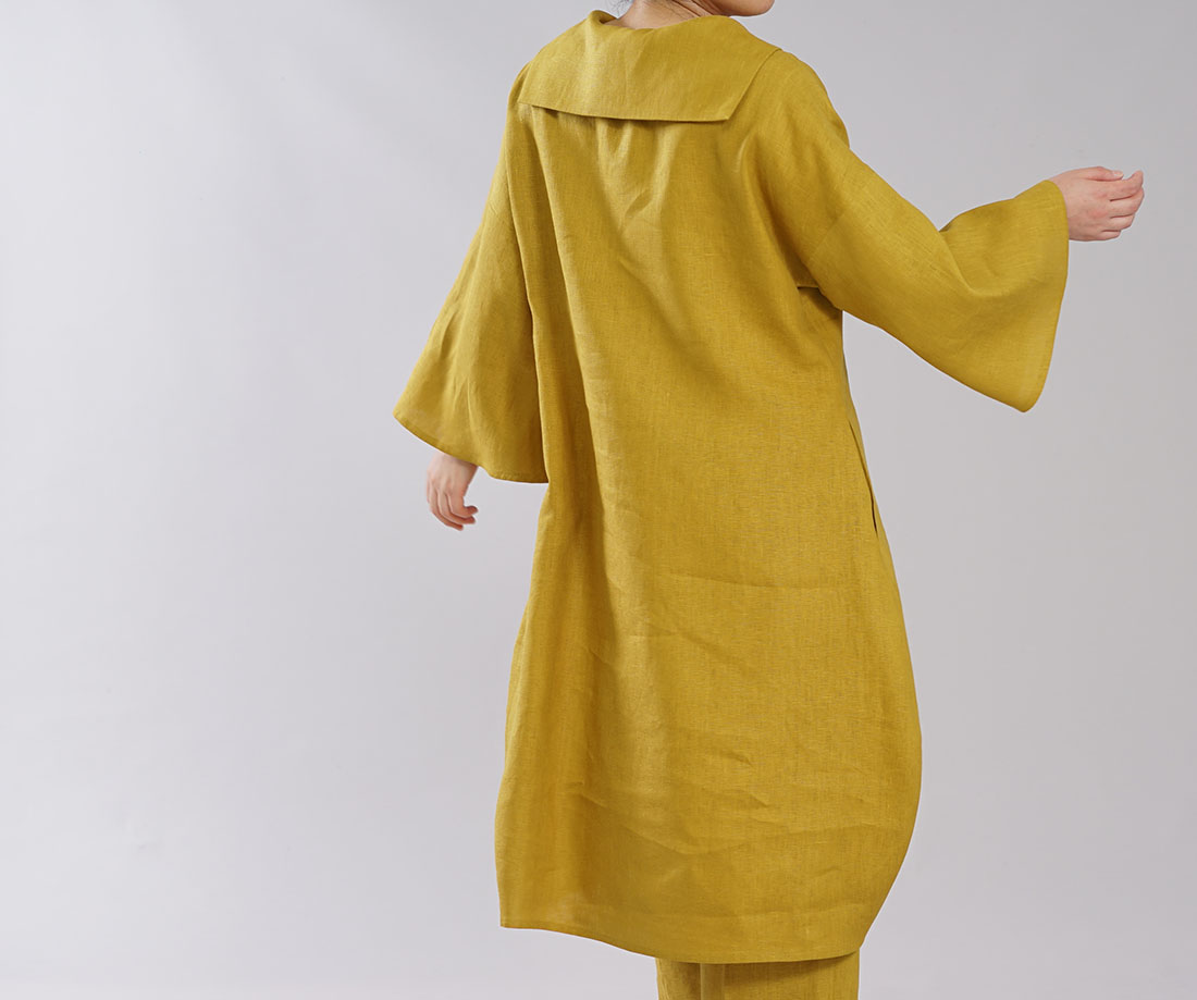 中厚地 リネン ワンピース セーラーカラー コクーン linen100% セーラーワンピース ベルスリーブ 膝下丈 ミモレ丈 長袖 / マスタード【free】a004b-mtd2