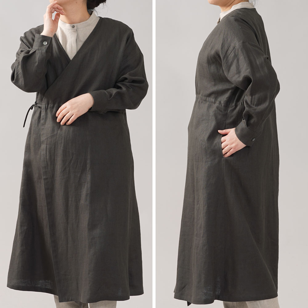 中厚 リネン カシュクール シャツ ワンピース 2way 羽織 ロング丈 アウター 長袖 カフス袖 前開き リネンコート リネンワンピース/アイビーグレー【free】a005e-ibg2