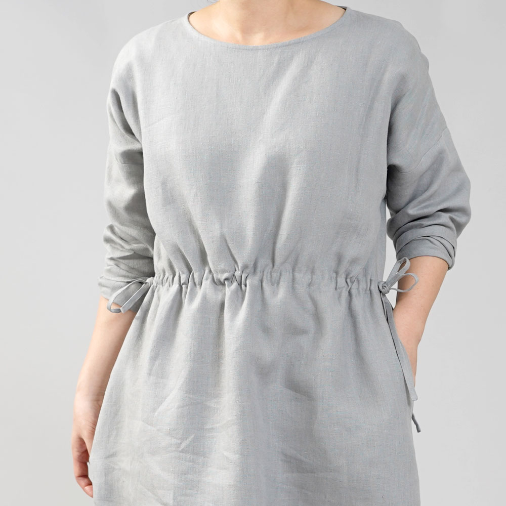 【難あり!!】中厚 リネンワンピース 先染めlinen100% ブラウジング ドロップショルダー 長袖 左右調整紐 ドレス/薄鈍(うすにび)【free】a012b-unb2