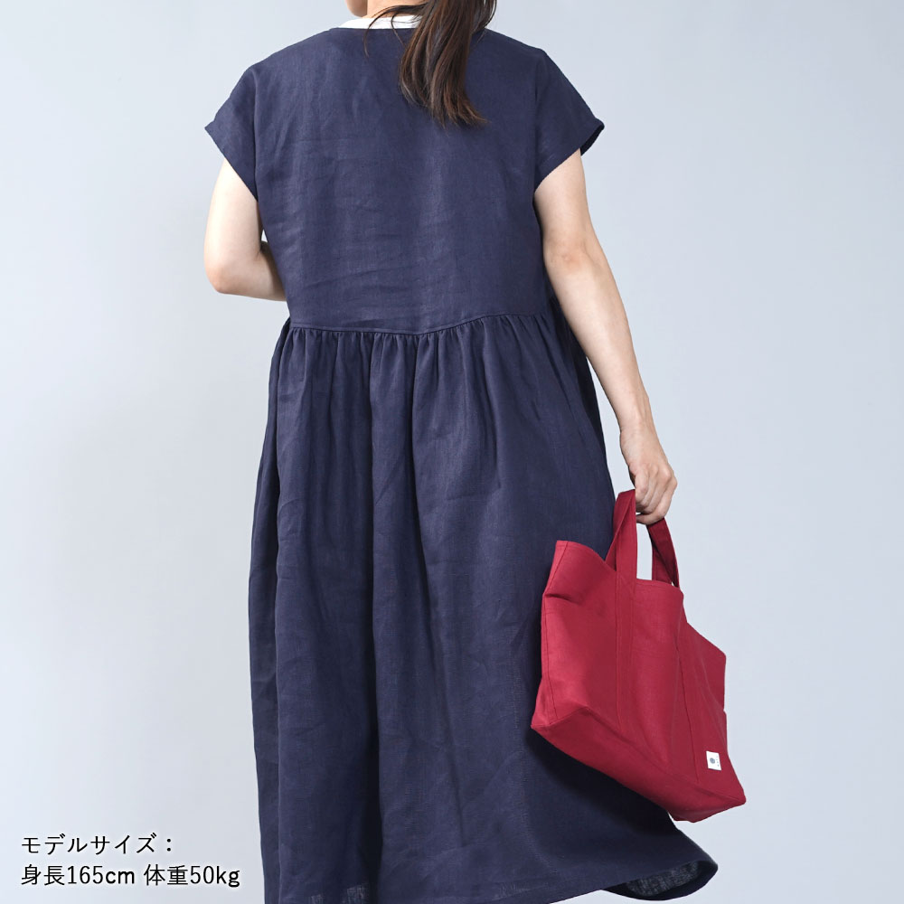 【wafu】中厚リネン Uネック ギャザーワンピース 重ね着で使いやすいワンピース/ネイビー【M-L】a018b-neb2