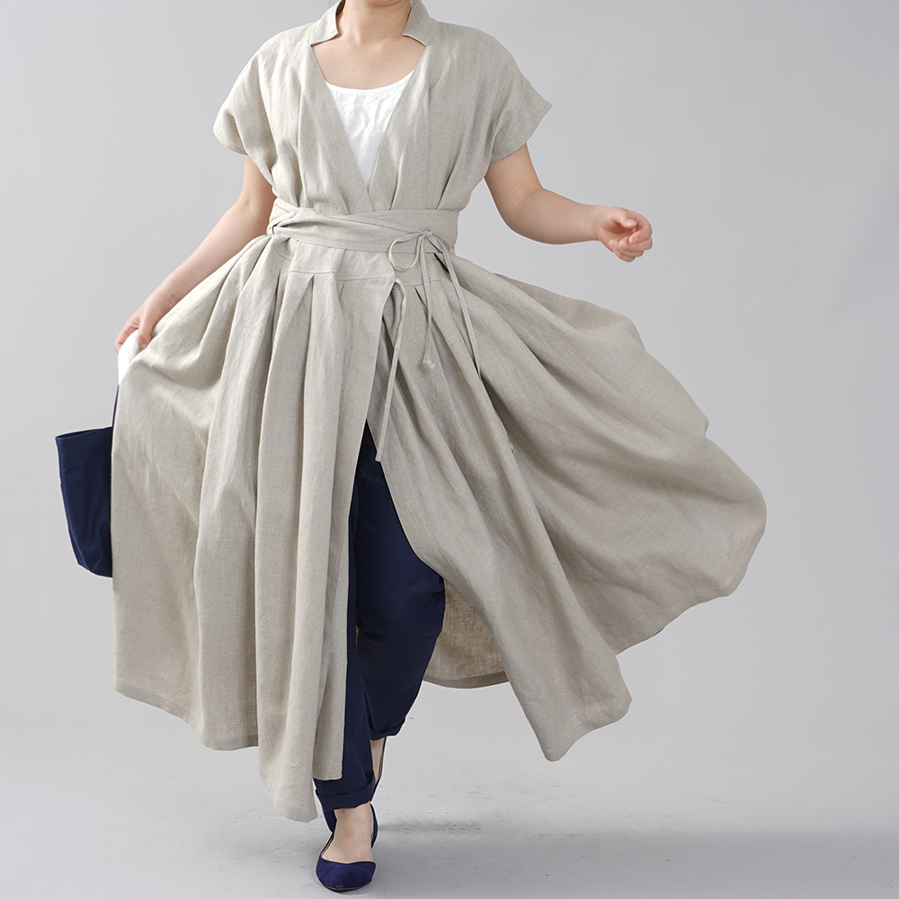 やや薄地 リネン 2weyドレス リネン ワンピース 禅 着物 和装 コート 羽織 アウター 前開き ロング丈 カシュクール ウエストタック 半袖 サッシュベルト付 リネンドレス 40番手 /亜麻ナチュラル【free】a030e-amn1