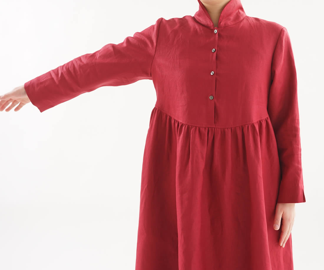 wafu 綿貫服装店 リネンワンピース ショールカラードレス 袖スリット 前開き/ルビーレッド ワンピース リネンワンピース リネン 麻 麻ワンピース 麻ワンピ リネンワンピ 丸襟 丸襟ワンピース シャツワンピース シャツワンピ ミモレ丈 膝下丈