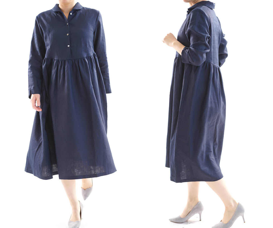 wafu 綿貫服装店 リネンワンピース ショールカラードレス ミモレ丈 丸襟 スキッパー 前ボタン /ネイビー ワンピース リネンワンピース リネン 麻 麻ワンピース 麻ワンピ リネンワンピ 長そで 長袖 ながそで 長袖ワンピース 長そでワンピース