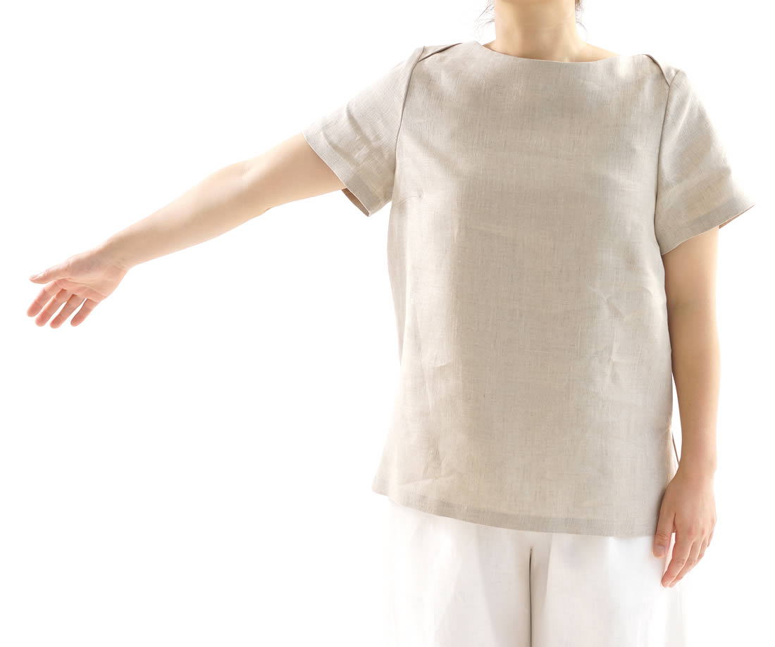 中厚 リネンブラウス ボートネック Tシャツ チュニック 半袖 / 亜麻ナチュラル