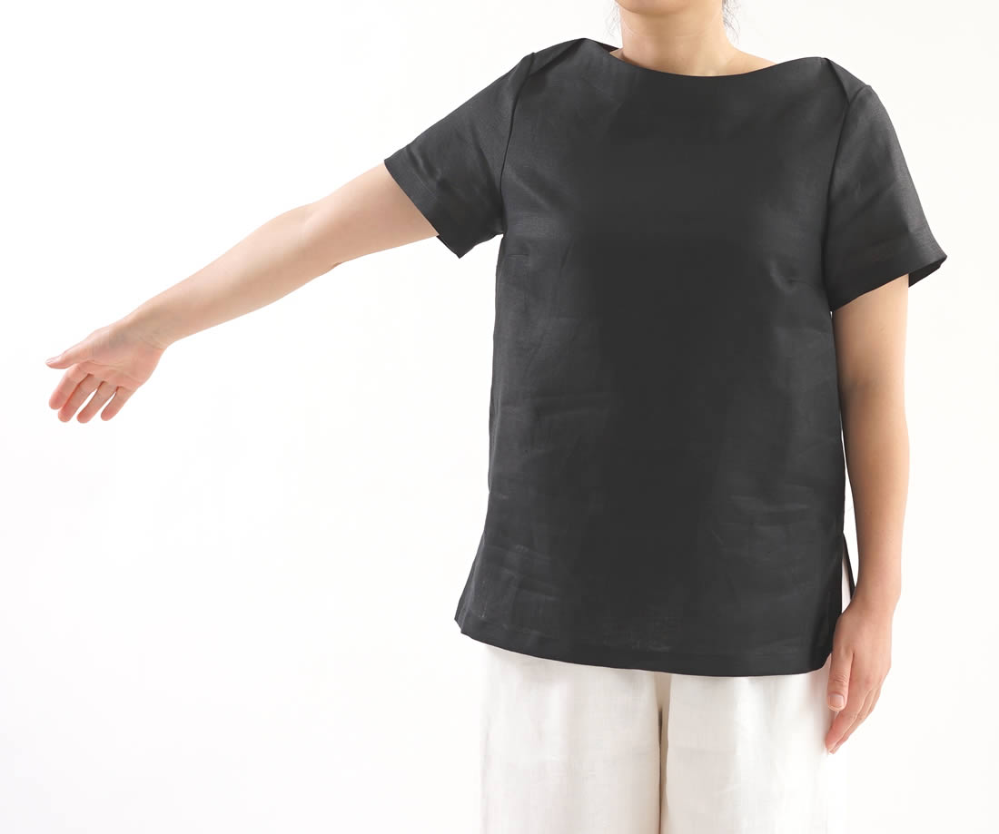 薄地 リネン ブラウス ボートネック Tシャツ チュニック 半袖 トップス / ブラック