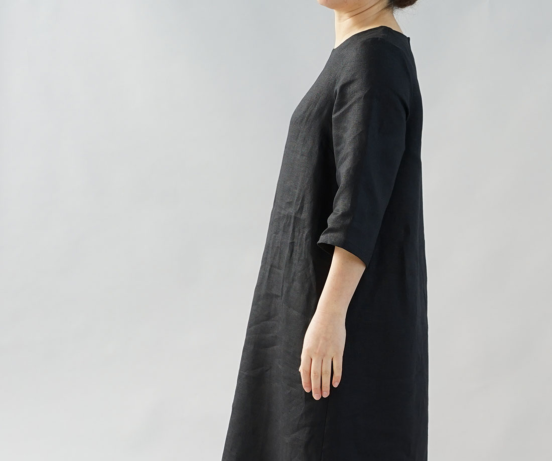 中厚 リネン ワンピース ロング丈 ラウンドネック Aライン 7分袖 ドレス / ブラック【M-L】a032d-bck2