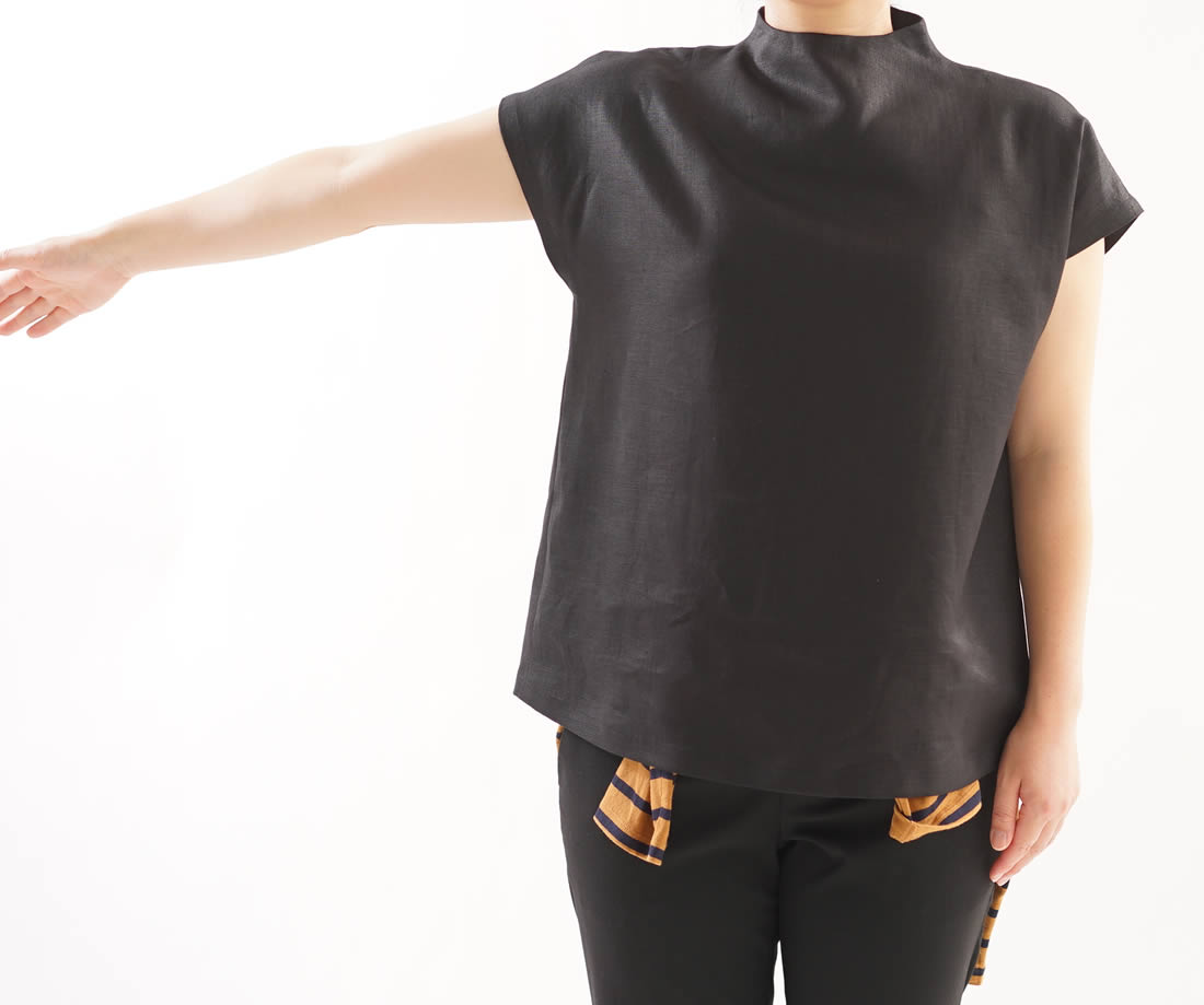 中厚 リネン ブラウス レイズド・ネックライン フレンチスリーブ トップス Tシャツ / ブラック