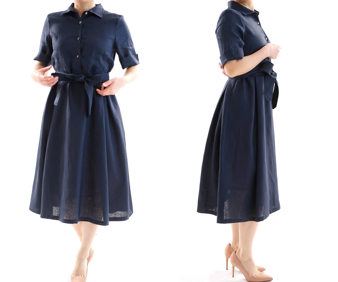 wafu 綿貫服装店 リネンワンピース ホリゾンタルカラー シャツ ドレス ・紐あり/ネイビー ワンピース リネンワンピース リネン 麻 麻ワンピース 麻ワンピ リネンワンピ半袖 半袖ワンピース 半袖ワンピ 半そでワンピース 半そでワンピ はんそで