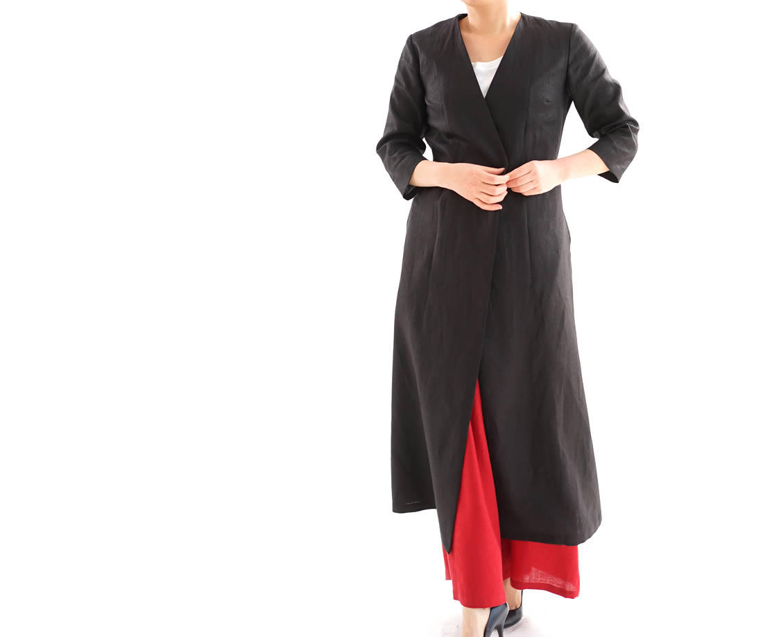 wafu 綿貫服装店 リネン カシュクール ダブルボタンコート ロング丈 7分袖 ガウン/ブラック 羽織り アウター ロングアウター コート ロング丈 ロング羽織り coat 羽織り アウター ボレロ カーデ カーディガン 長袖カーデ 長袖 ロング
