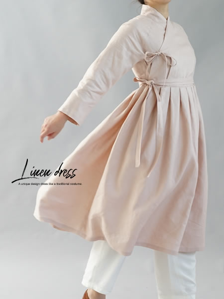 中厚 リネンワンピース 着物 襟 長袖 禅 ラグランスリーブ リネン100 ドレス ミスティーローズ M A084b Mrs2