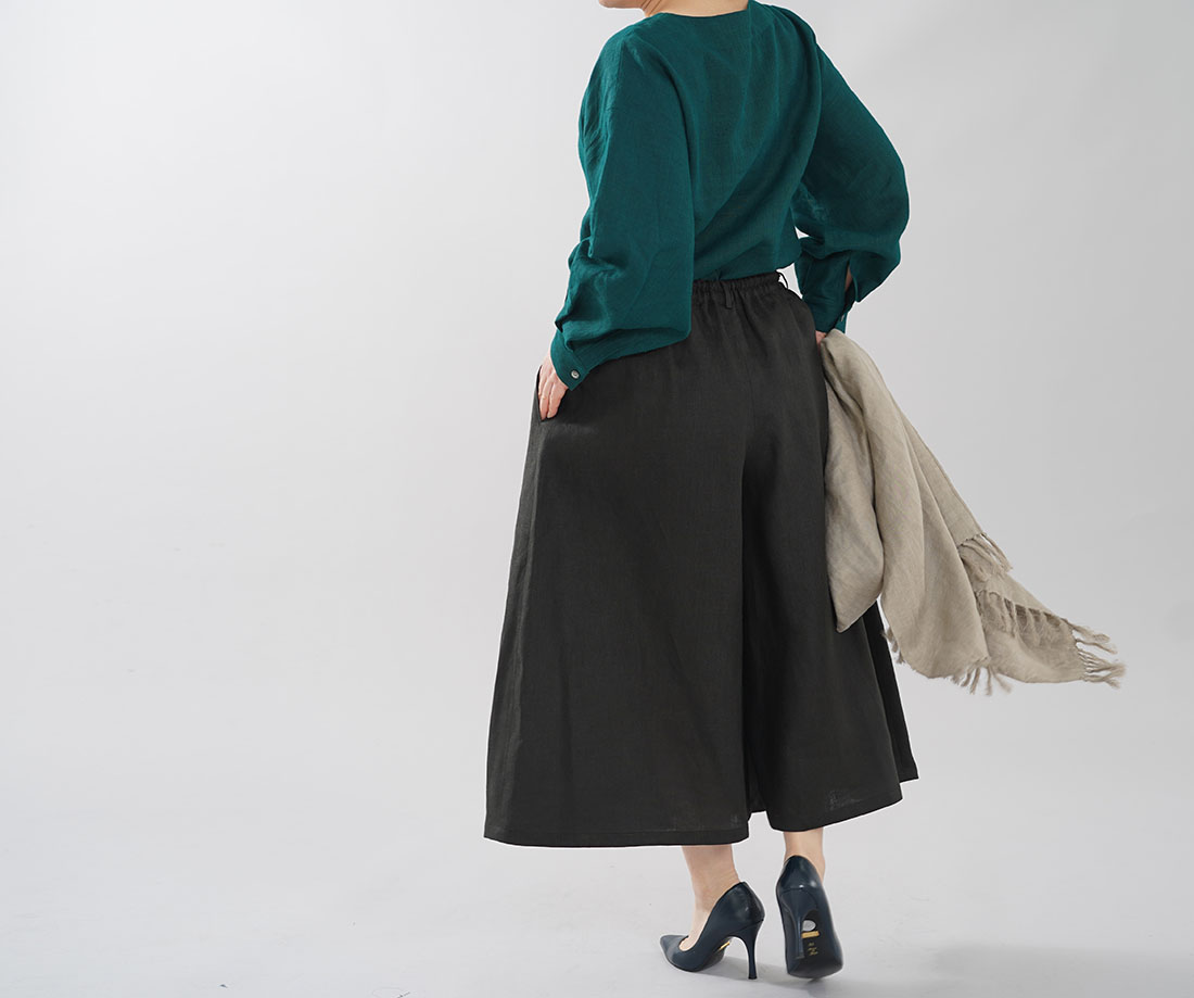 中厚 リネンワイドパンツ スカーチョ キュロットパンツ ボトムス ワイドパンツ クロップド丈 ウエストゴム / ブラック【M-L】b002a-bck2