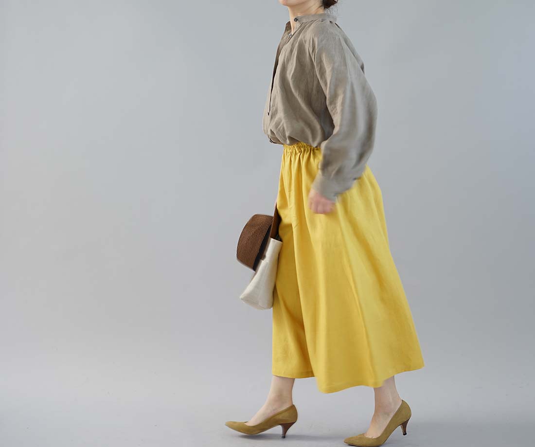 wafu わたぬき服装 わふ ワフ 中厚 リネン パンツ ワイドスカーチョ キュロットパンツ ボトムス ワイドパンツ クロムイエロー リネンパンツ 麻 ボトム ズボン ガウチョ リラックスパンツ ウエストゴム リラックスパンツ リラックス 半端丈 ミモレ丈 くるぶし丈 Aライン ウエストゴム ゴムギャザー ゆったり 楽々 無地 無地パンツ イエロー 黄色 黄 トレンド 旬 着こなし 春 夏 秋 冬 レディース 新作