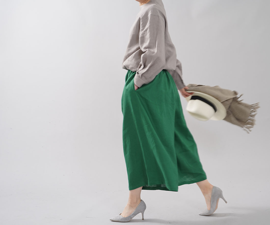中厚 リネン ワイドパンツ スカーチョ キュロットパンツ ボトムス ワイドパンツ クロップド丈 ウエストゴム /ヴェールシプレ【M-L】b002a-vsp2