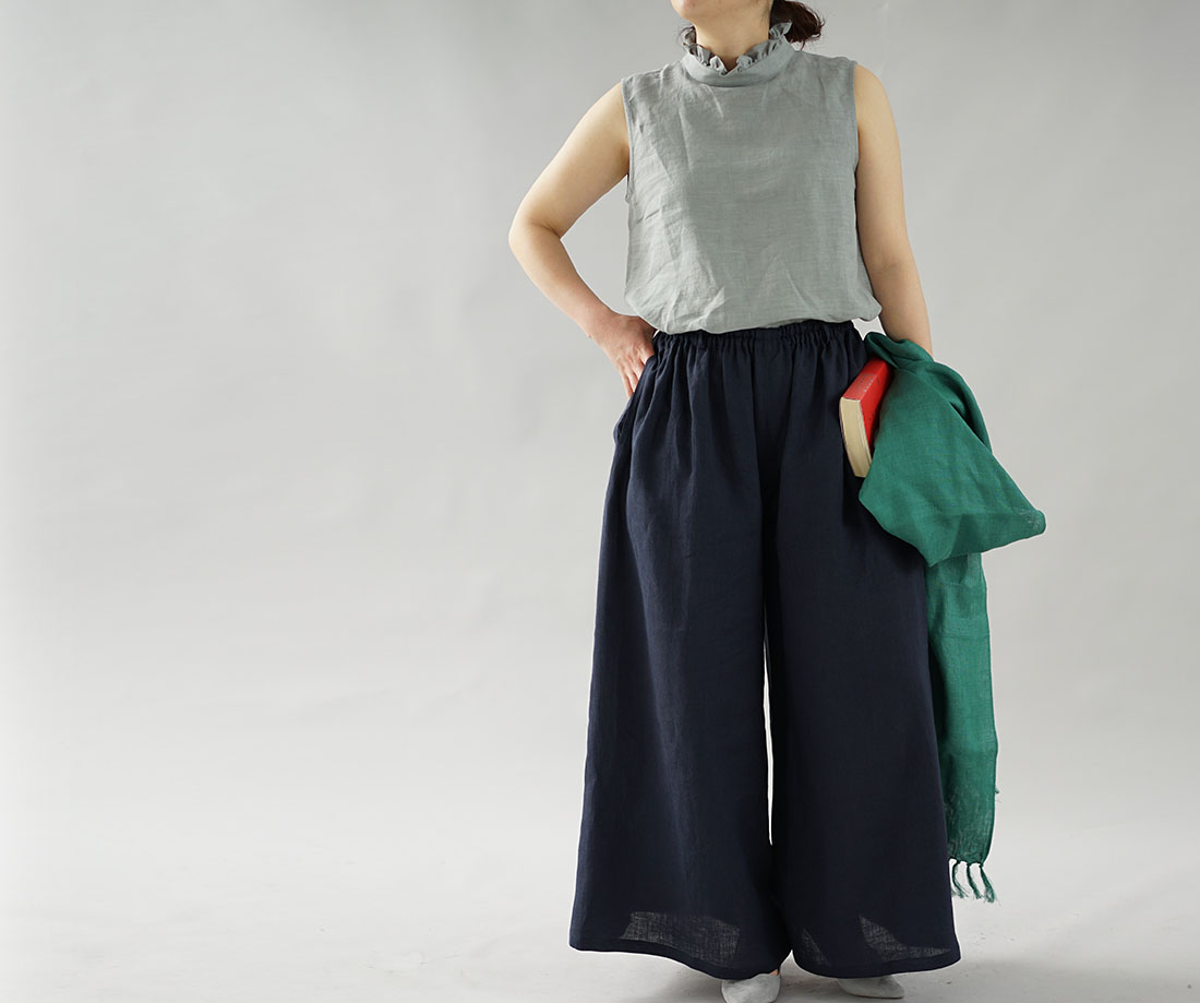 wafu ワフ わふ わたぬき服装店 薄地 雅亜麻 リネン パンツ 究極の ワイドパンツ キュロット ロング / 紺青(こんじょう) リネンパンツ リネン 麻 パンツ ボトムス ボトム ズボン ロングパンツ ロング丈 パンツ ガウチョ ワイドパンツ リラックスパンツ ウエストゴム リラックスパンツ リラックス ゆったり 楽々 スカートのよう マキシ丈 ロング丈 たっぷり生地 ウエストゴム 無地 無地パンツ 薄手 薄地 ネイビー 濃紺 紺 トレンド 旬 着こなし 春 夏 秋 冬 レディース wafu 新作