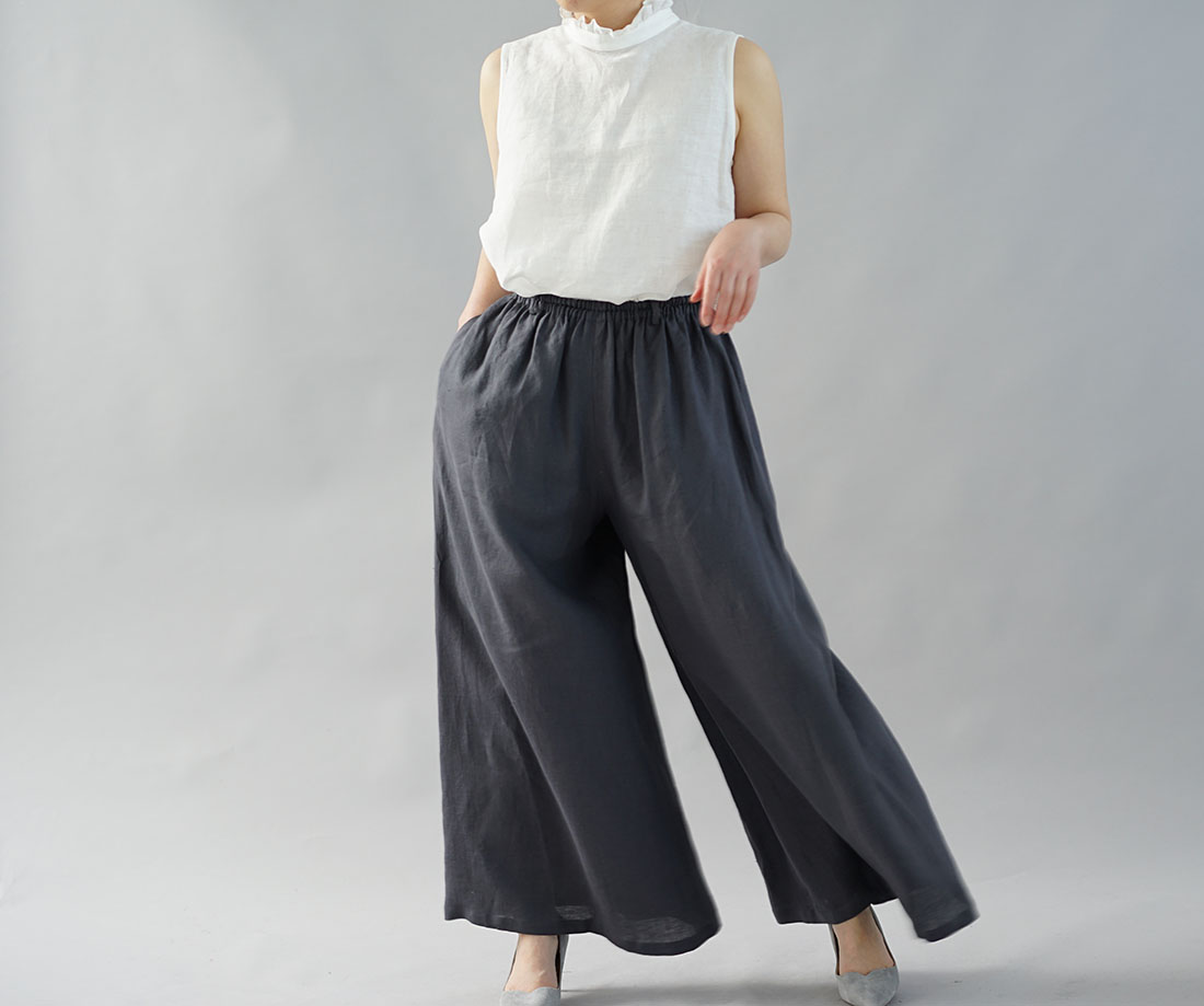wafu ワフ わふ わたぬき服装店 薄地 雅亜麻 リネン パンツ 究極の ワイドパンツ キュロット ロング / 紺青(こんじょう) リネンパンツ リネン 麻 パンツ ボトムス ボトム ズボン ロングパンツ ロング丈 パンツ ガウチョ ワイドパンツ リラックスパンツ ウエストゴム リラックスパンツ リラックス ゆったり 楽々 スカートのよう マキシ丈 ロング丈 たっぷり生地 ウエストゴム 無地 無地パンツ 薄手 薄地 ネイビー 濃紺 紺 トレンド 旬 着こなし 春 夏 秋 冬 レディース wafu 新作