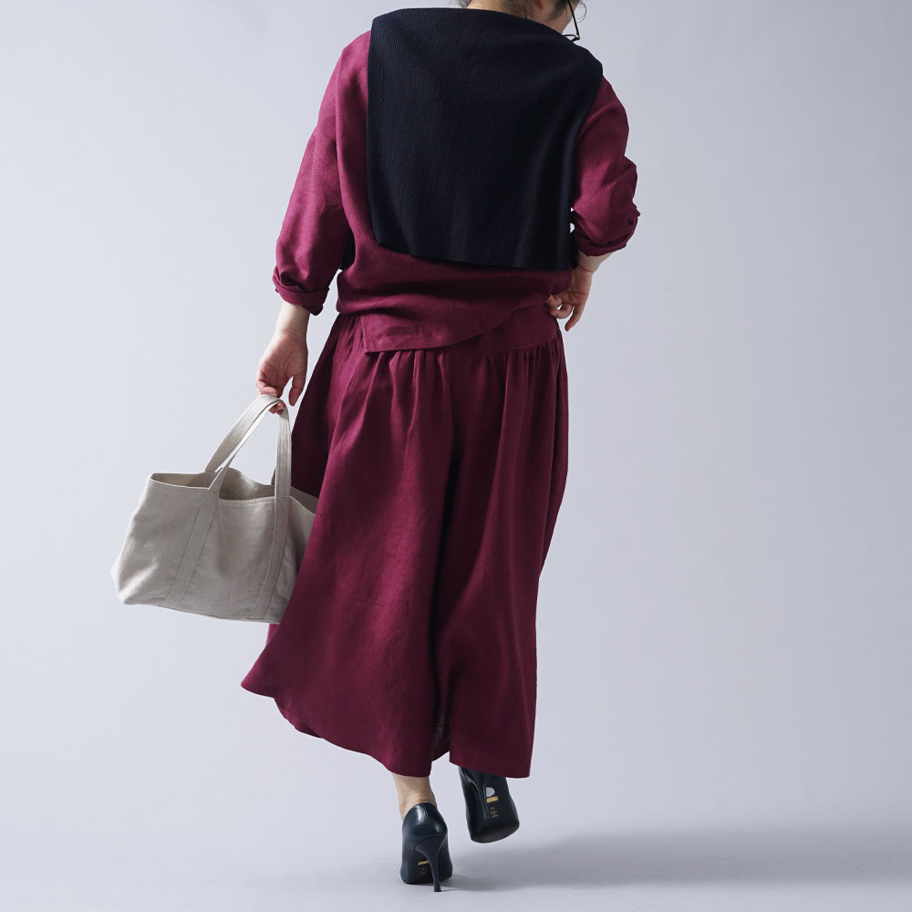 【wafu 入門編】中厚リネン 揺れるキュロットパンツ ギャザーヨークのロングパンツ リネンワイドパンツ/シュールージュ【free】b003b-srg2