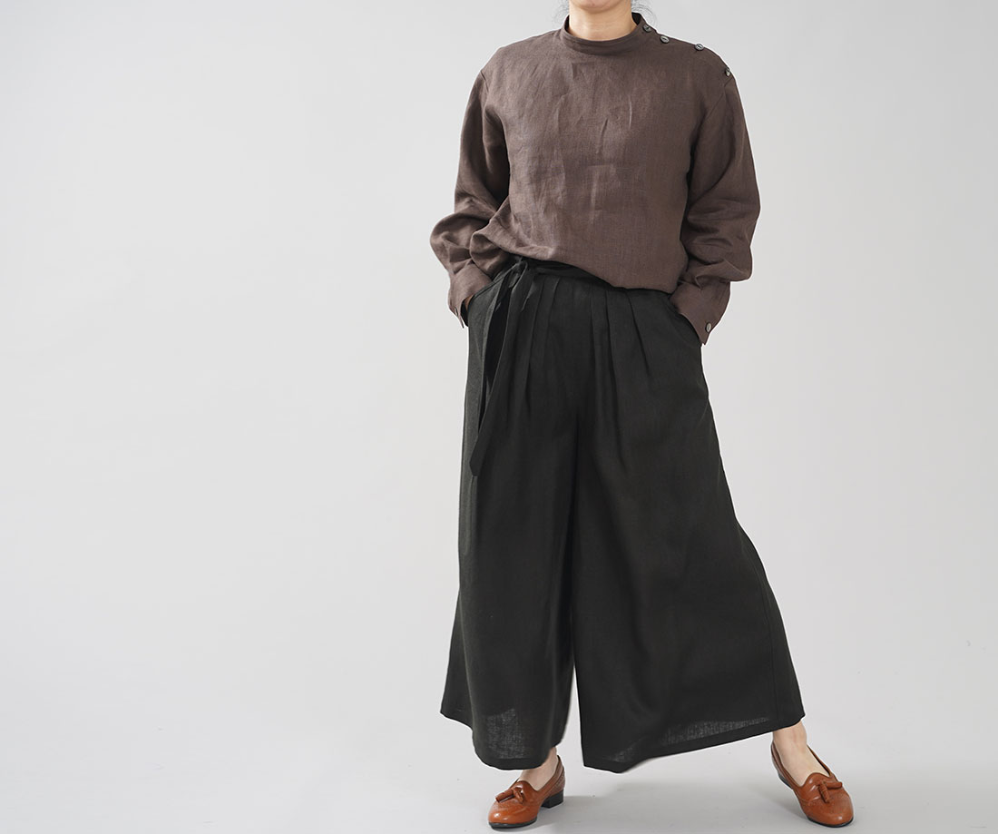 中厚地 リネン タックワイドパンツ 紐付き ロングパンツ 両サイドゴム フロントタック リネンパンツ 麻 スカーチョ ロング丈 キュロットスカート /ブラック【free】b006e-bck2
