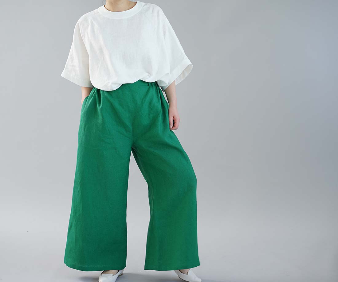 wafu わたぬき服装 わふ ワフ 中厚 リネン パンツ ワイドパンツ 後ろゴム 勝手なイメージのワイドパンツ フィヨルドグリーン M L b010a-fgn2 リネンパンツ リネン 麻 パンツ ボトムス ボトム ズボン ロングパンツ ロング丈 パンツ ボトムス ボトム ズボン ガウチョ ワイドパンツ リラックスパンツ ウエストゴム ロング丈 無地 無地パンツ グリーン 緑色 緑トレンド 旬 着こなし 春 夏 秋 冬 レディース wafu 新作