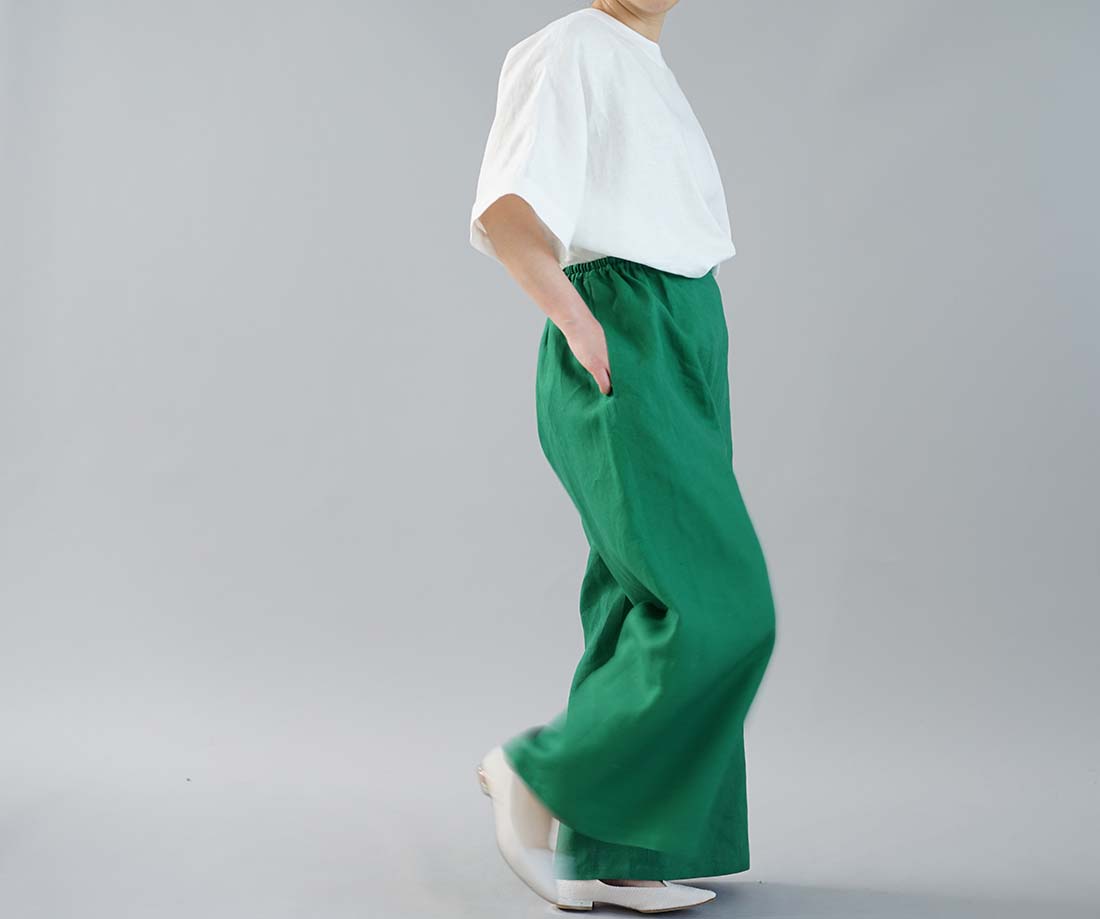 wafu わたぬき服装 わふ ワフ 中厚 リネン パンツ ワイドパンツ 後ろゴム 勝手なイメージのワイドパンツ フィヨルドグリーン M L b010a-fgn2 リネンパンツ リネン 麻 パンツ ボトムス ボトム ズボン ロングパンツ ロング丈 パンツ ボトムス ボトム ズボン ガウチョ ワイドパンツ リラックスパンツ ウエストゴム ロング丈 無地 無地パンツ グリーン 緑色 緑トレンド 旬 着こなし 春 夏 秋 冬 レディース wafu 新作