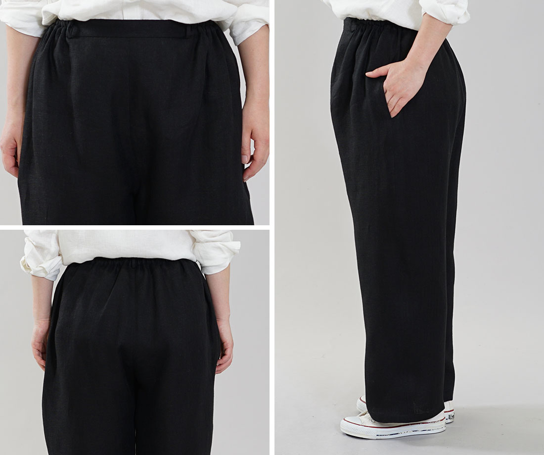 wafu わたぬき服装 わふ ワフ リネンパンツ リネン 麻 ウエストゴム リラックスパンツ リラックス パンツ ボトムス ボトム ズボン ロングパンツ ロング丈 パンツ ボトムス ボトム ズボン ガウチョ ワイドパンツ リラックスパンツ ウエストタック タックデザイン メンズライク メンズ 男女兼用 ユニセックス 黒 黒色 ブラック 黒パンツ 黒ボトム 無地 無地パンツトレンド 旬 着こなし 春 夏 秋 冬 レディース wafu 新作 中厚 リネン パンツ リネン Wガーゼ ふんわり リネンlinen100% ワイド ロングパンツ 前しっかり 後ろゴム ブラック M-L b010c-bck2