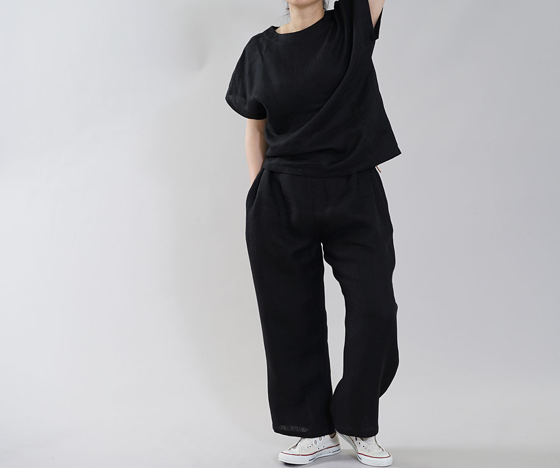 wafu わたぬき服装 わふ ワフ リネンパンツ リネン 麻 ウエストゴム リラックスパンツ リラックス パンツ ボトムス ボトム ズボン ロングパンツ ロング丈 パンツ ボトムス ボトム ズボン ガウチョ ワイドパンツ リラックスパンツ ウエストタック タックデザイン メンズライク メンズ 男女兼用 ユニセックス 黒 黒色 ブラック 黒パンツ 黒ボトム 無地 無地パンツトレンド 旬 着こなし 春 夏 秋 冬 レディース wafu 新作 中厚 リネン パンツ リネン Wガーゼ ふんわり リネンlinen100% ワイド ロングパンツ 前しっかり 後ろゴム ブラック M-L b010c-bck2