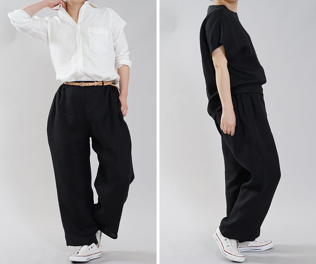 wafu わたぬき服装 わふ ワフ リネンパンツ リネン 麻 ウエストゴム リラックスパンツ リラックス パンツ ボトムス ボトム ズボン ロングパンツ ロング丈 パンツ ボトムス ボトム ズボン ガウチョ ワイドパンツ リラックスパンツ ウエストタック タックデザイン メンズライク メンズ 男女兼用 ユニセックス 黒 黒色 ブラック 黒パンツ 黒ボトム 無地 無地パンツトレンド 旬 着こなし 春 夏 秋 冬 レディース wafu 新作 中厚 リネン パンツ リネン Wガーゼ ふんわり リネンlinen100% ワイド ロングパンツ 前しっかり 後ろゴム ブラック M-L b010c-bck2