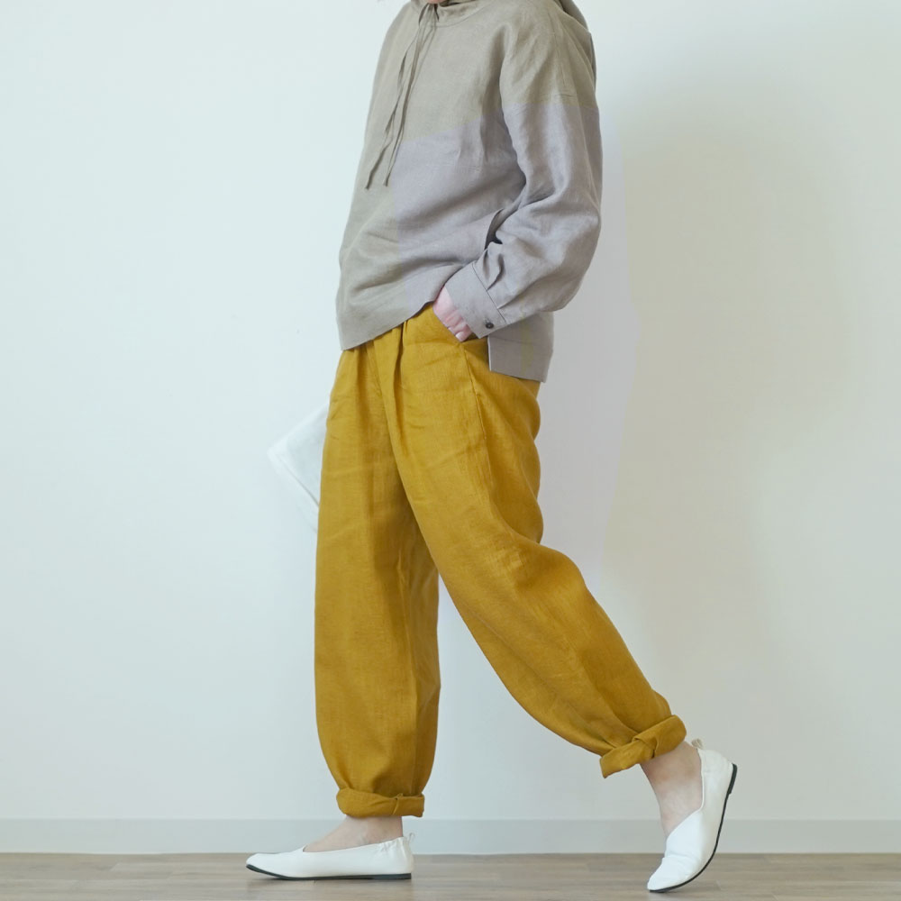 中厚 リネン パンツ スリータック 後ろゴム ベルトループ ポケット付き ストレート リネンパンツ/マスタード【M-L】b010e-mtd2