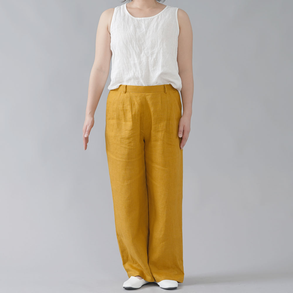 【wafu】中厚 リネン パンツ スリータック 後ろゴム ベルトループ ポケット付き ストレート リネンパンツ/マスタード【M-L】b010e-mtd2