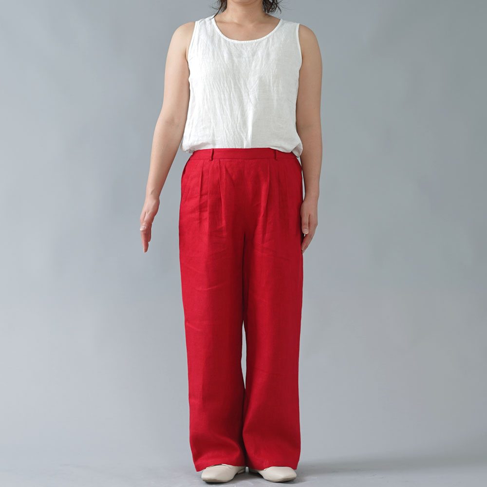 【wafu】中厚 リネン パンツ スリータック 後ろゴム ベルトループ ポケット付き ストレート リネンパンツ/レッド【M-L】b010e-red2