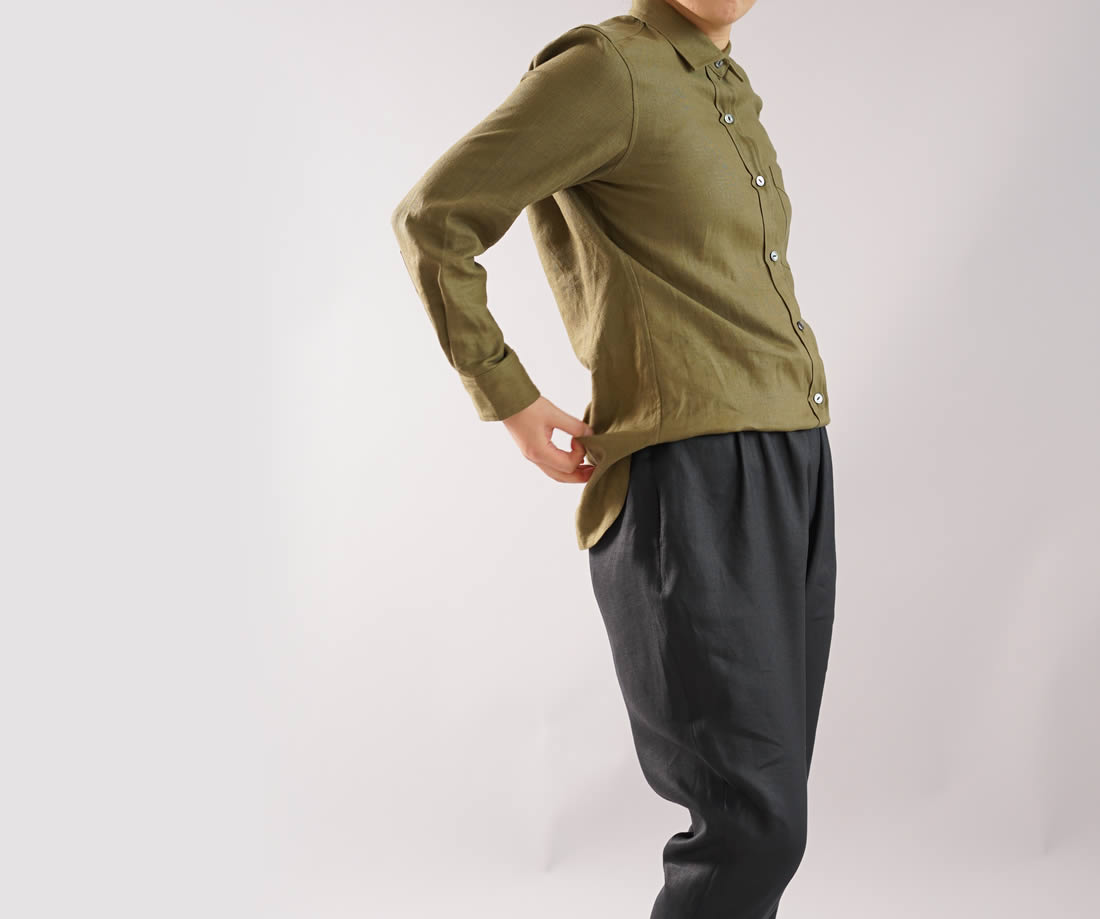 wafu ワフ わふ わたぬき服装店 本格 リネンシャツ カッタウェイ 長袖 オールシーズン /オリーブ トップス カットソー Tシャツ リネン 麻 リネントップス 麻トップス シャツ ブラウス カッタウェイ 襟付き 長袖シャツ 長袖 長袖ブラウス シンプルシャツ 羽織り カーディガン 腰巻き 無地 無地シャツ カーキ グリーン 緑色 緑 トレンド 旬 着こなし 春 夏 秋 冬 レディース wafu 新作