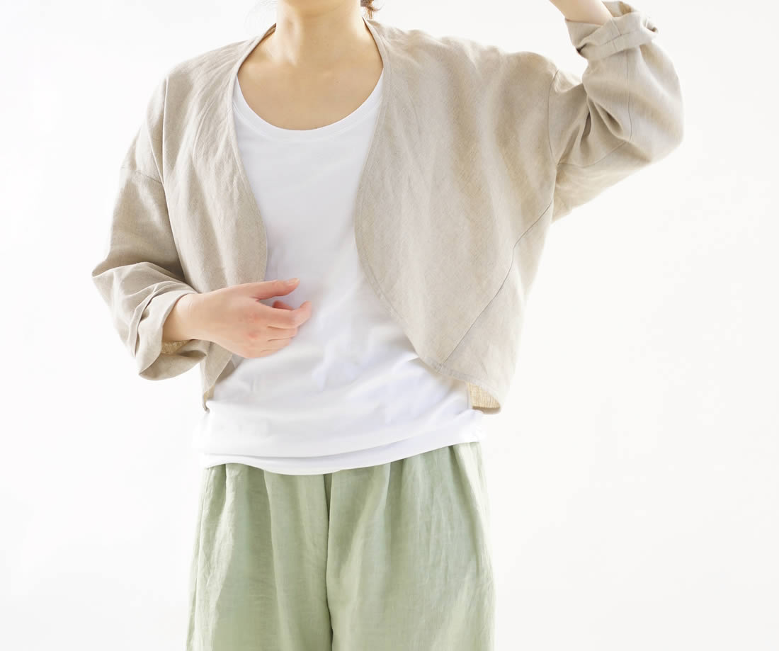 wafu 綿貫服装店 リネン100% マーガレット ボレロ トッパーカーディガン /亜麻ナチュラル 羽織り,アウター,カーディガン,ボレロ,長袖,冷房対策,紫外線対策,UV対策,無地,ナチュラル