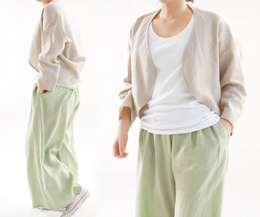 wafu 綿貫服装店 リネン100% マーガレット ボレロ トッパーカーディガン /亜麻ナチュラル 羽織り,アウター,カーディガン,ボレロ,長袖,冷房対策,紫外線対策,UV対策,無地,ナチュラル
