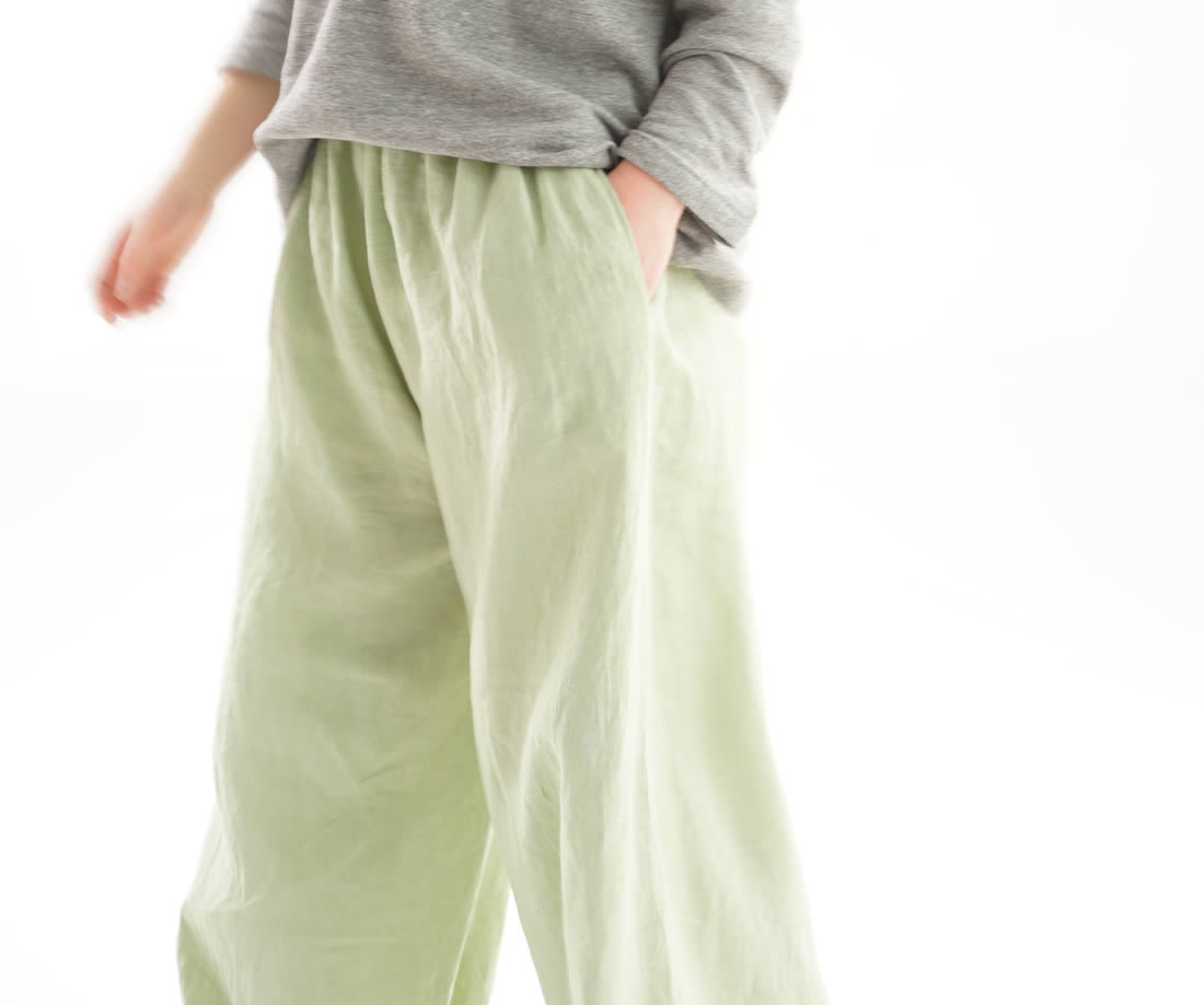 wafu 綿貫服装店 ロング丈 雅亜麻リネンパンツ ワイド リラックスパンツ ウエストゴム やや薄手 ガウチョ/萌黄(もえぎ) リネンパンツ リネン 麻 パンツ ボトムス ボトム ズボン ロングパンツ ロング丈 パンツ ボトムス ボトム ズボン ガウチョ