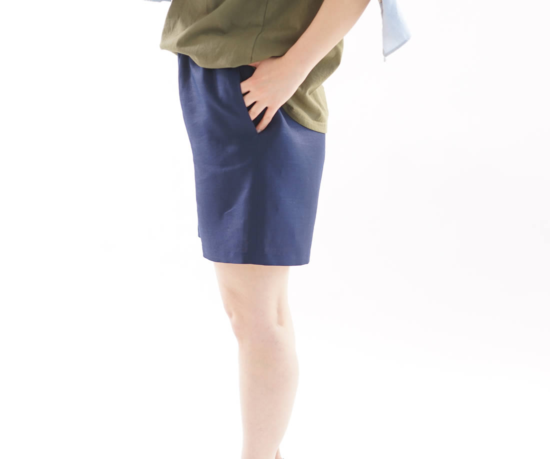 wafu 綿貫服装店 リネンパンツ ショートパンツ ハーフパンツ ポケット有り ウエストゴム / オリエンタルブルー リネンパンツ リネン 麻 ショートパンツ ミニ丈 パンツ ボトムス ズボン リラックス ウエストゴム リネンショートパンツ 無地 パンツ