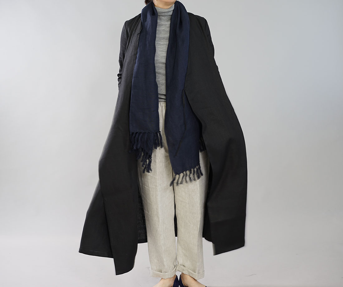 中厚 リネン ワンピース コート 2way カシュクール ボタン ロング丈 7分袖 ガウン / ブラック 羽織り アウター ロングアウター コート ロング丈 ロング羽織り coat 長袖 長袖コート 長袖 カーデ カーディガン 長袖カーデ 長袖 ロングスリーブ ロング カシュクール ボタン リボン 紐 黒 ブラック 黒色 無地 無地コート 無地羽織り トレンド 旬 着こなし 春 夏 秋 冬 レディース wafu 新作