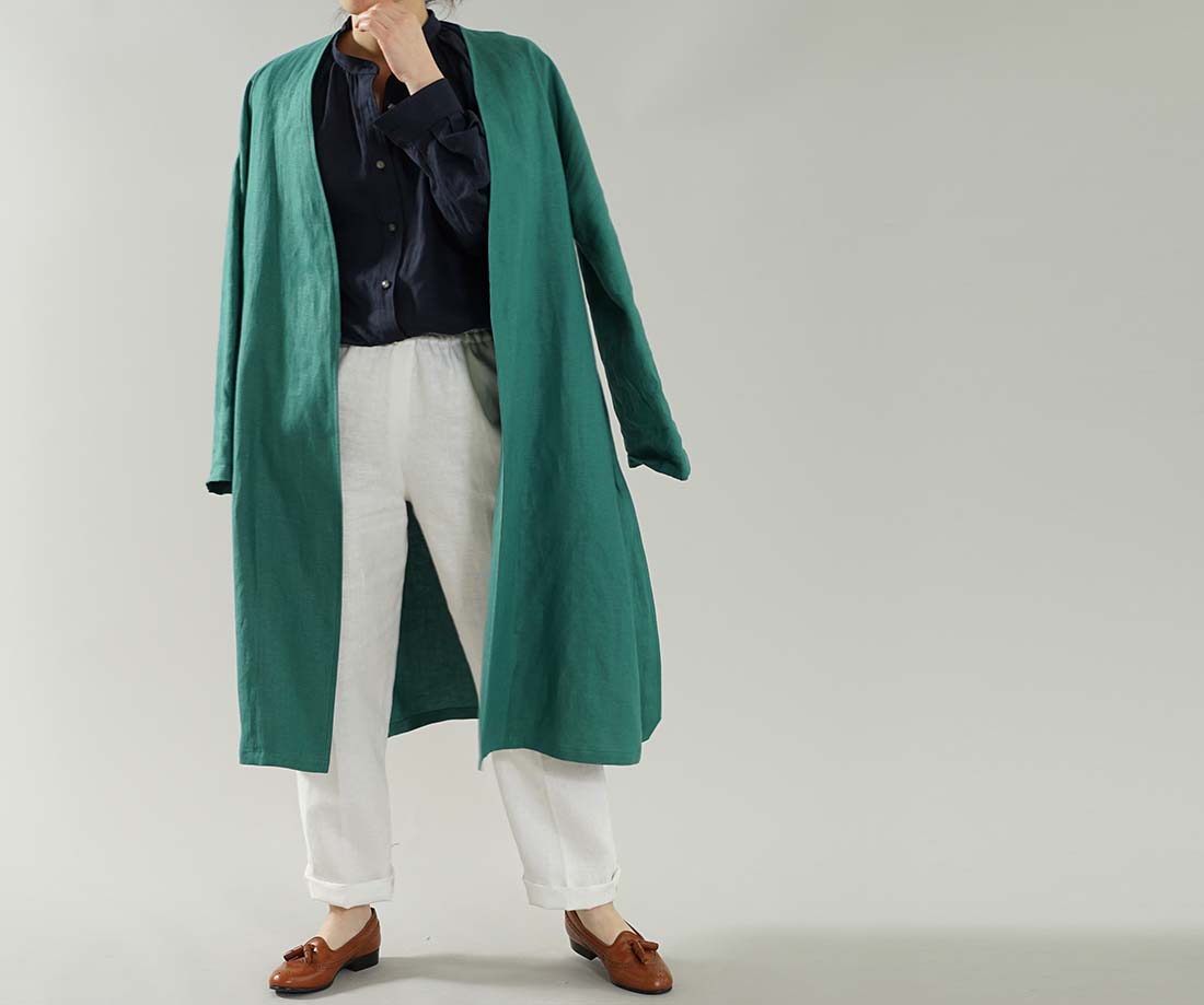 wafu わたぬき服装 わふ ワフ 中厚 リネン コート 羽織 ノーカラー アウター ドロップショルダー ガウン コート / エンパイアグリーン 羽織り アウター ロングアウター コート ロング丈 ロング羽織り coat 長袖 長袖コート 長袖羽織り コーディガン 長袖 なが袖 トッパーデザイン トッパーカーディガン ガウンコート 無地 無地コート 春コート グリーン 緑色 緑 トレンド 旬 着こなし 春 夏 秋 冬 レディース wafu