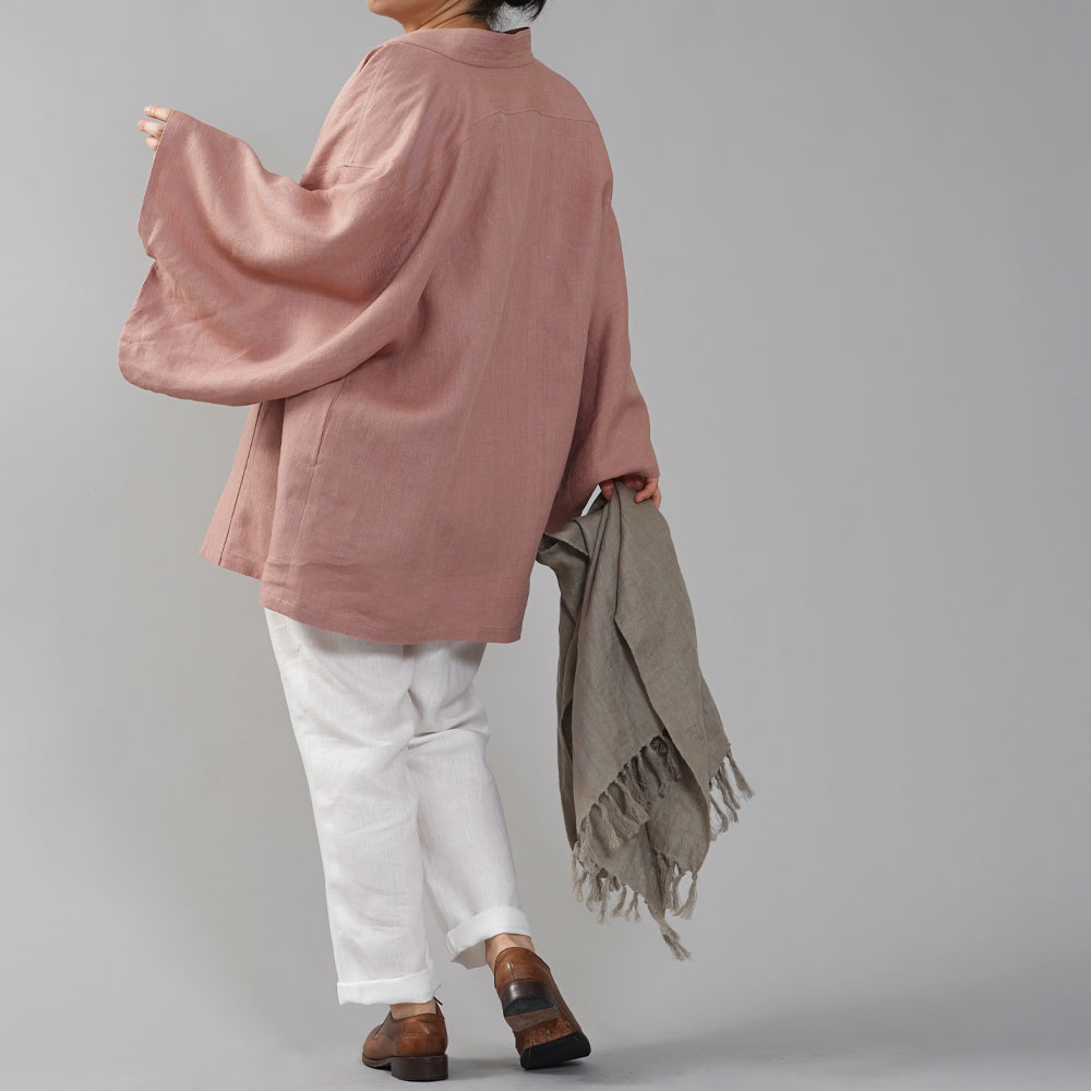 【wafu】中厚リネン羽織 haori 男女兼用 和装 和服 リネン着物 kimono Haori Jacket ジャケット 先染め/浅緋色(あさあけいろ)【free】h037h-asa2