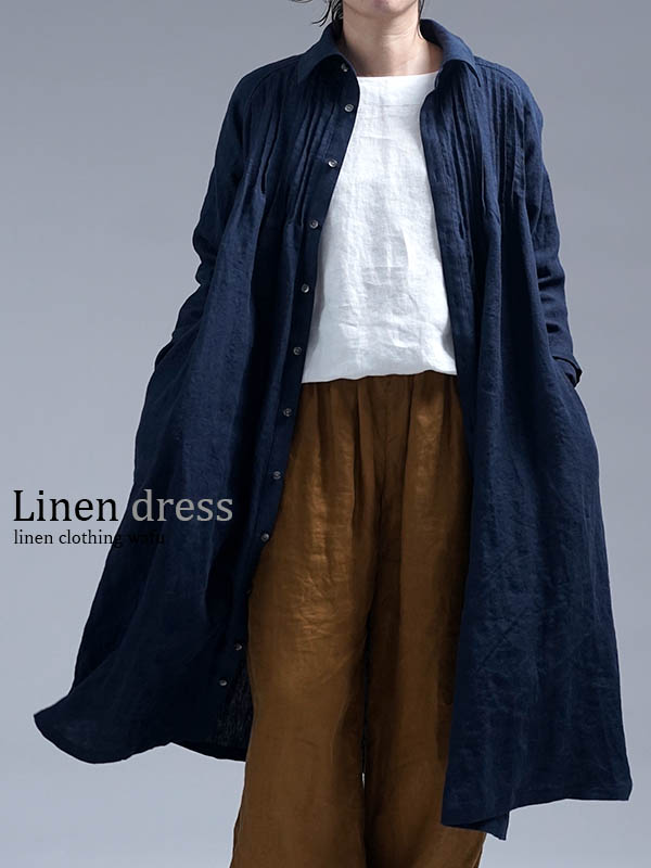 【wafu】数量限定お試し品 Linen Dress ピンタックドレス / ネイビー a081y-neb2