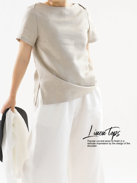 リネンブラウス ボートネック Tシャツ チュニック 半袖 / 亜麻ナチュラル