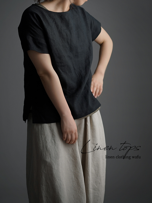 やや薄 リネンブラウス ドロップショルダー Tシャツ トップス t001l-bck1