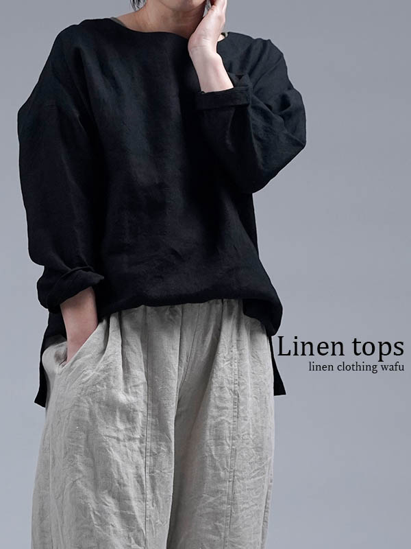 【wafu】Linen Top クルーネックトップス / ブラック t002b-bck2