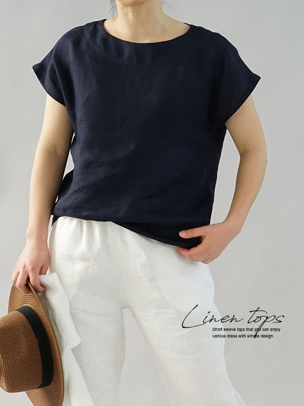 中厚 リネン ブラウス ふんわり リネンlinen100% Wガーゼ フレンチスリーブ Tシャツ 半袖 トップス / ダークネイビー