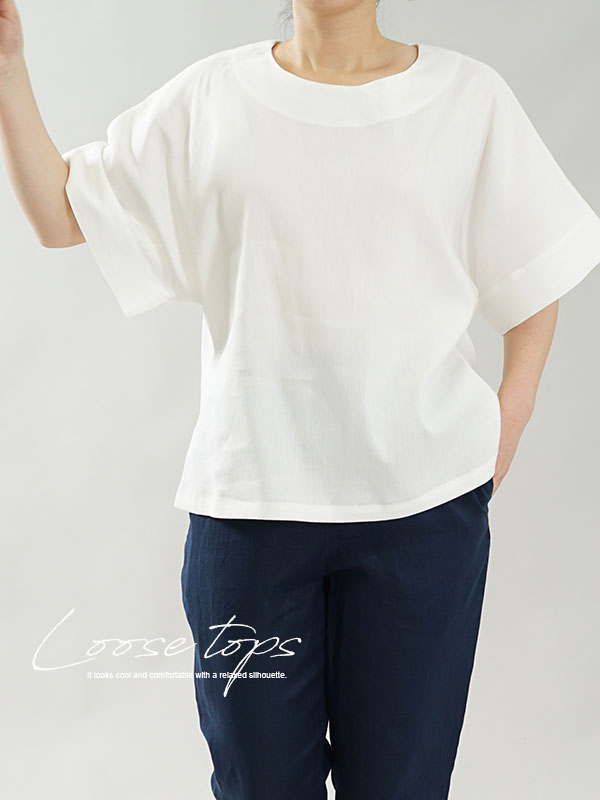 リネンざっくり Tシャツ リネン混紡 ゆったりドルマンスリーブ トップス 丸首 クルーネック / オフホワイト