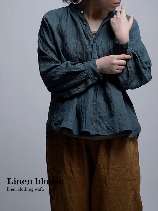 雅亜麻 linen shirt リネンシャツ 薄地 60番手 ハンドワッシャー / 高麗納戸(こうらいなんど) t034a-kou1