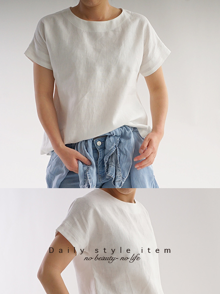ベルギーリネン ドロップショルダー Tシャツ/ホワイト