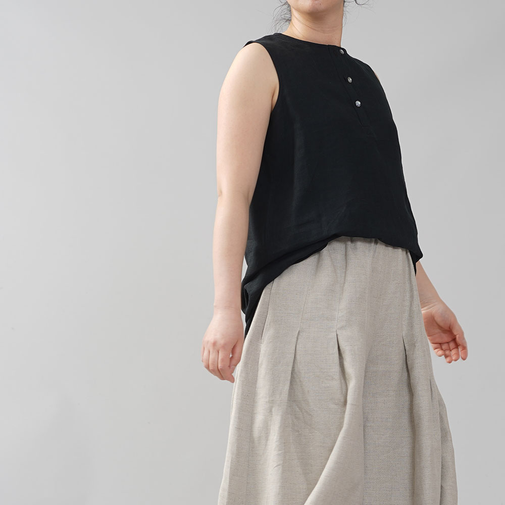 薄地 雅亜麻 リネン インナー ヘンリーネック ノースリーブ ペチ ペチタンク 2wey 下着にも ロング丈/黒色【M-L】p011a-bck1