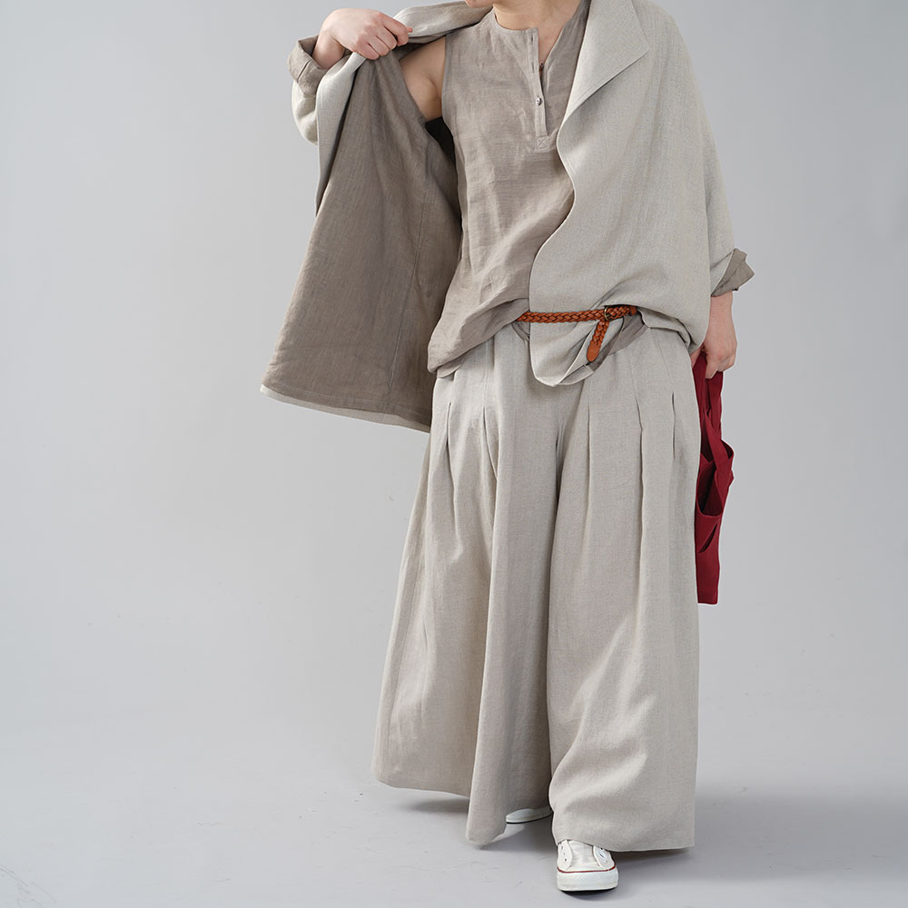薄地 雅亜麻 リネン インナー ヘンリーネック ノースリーブ ペチ ペチタンク 2wey 下着にも ロング丈 / 榛色(はしばみいろ)【M-L】p011a-hbm1
