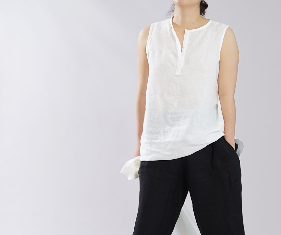 薄地 雅亜麻 リネン インナー ヘンリーネック ノースリーブ ペチ ペチタンク 2wey 下着にも ロング丈 ヘンリーネック / 白色【M-L】p011a-wht1