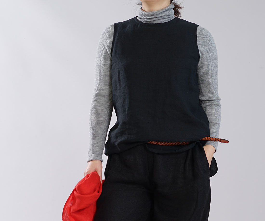 薄地 雅亜麻 リネン インナー ペチコート ペチ ペチタンク 2wey ノースリーブ 下着にも ロング丈 裾 ヘムライン / 黒色【M-L】p011b-bck1